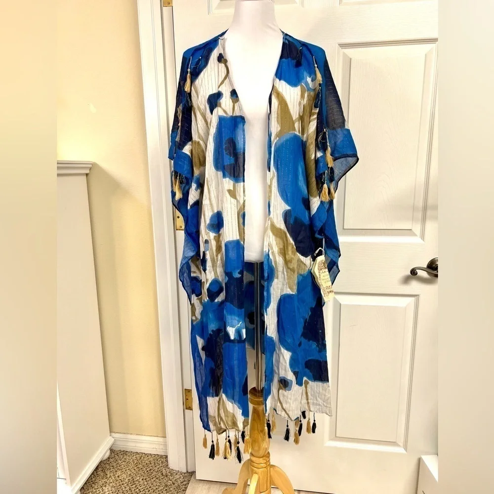 Aratta Silent Journey Kimono Duster Women One Size Floral Boho Tassel Open Front